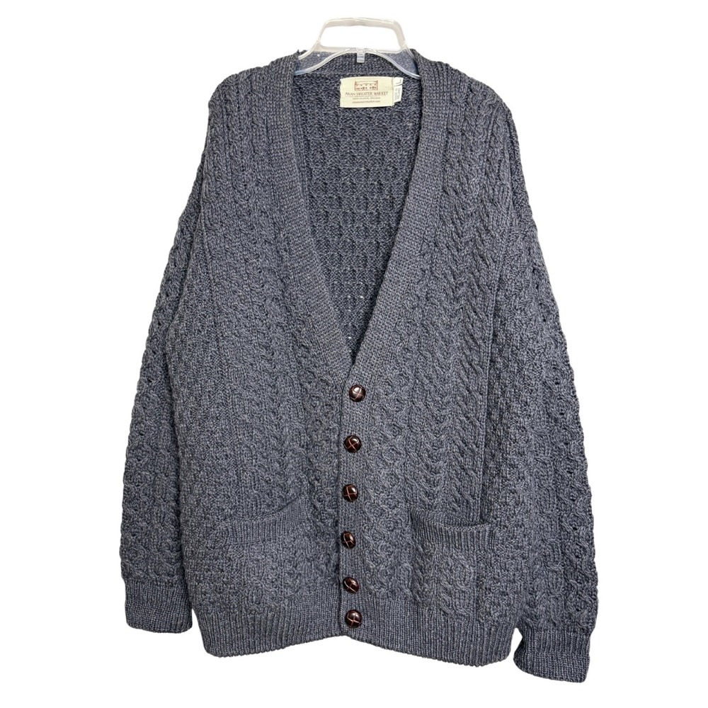 Aran Sweater Market Mens Merino Wool Cardigan L Gray Button Fisherman Sweater